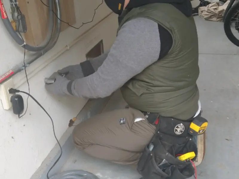 Electrician performing outlet wiring in a Verona garage